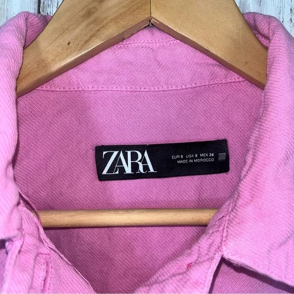 Zara Pink Cropped Denim Jacket Raw Hem Boxy Utility Jean Jacket Women’s S - Picture 6 of 8